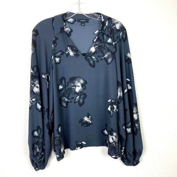 ALFANI Women's V-Neck Semi Sheer Blouse Size S Gray Floral Balloon Sleeve Office - Picture 1 of 7